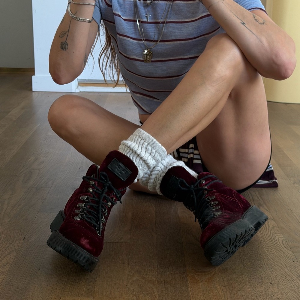 prada burgundy velvet hiker boots🥀